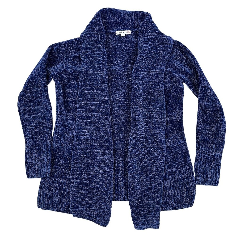 Orvis Womens Chenille‎ Blue Open Front Cardigan Sweater Sz XS